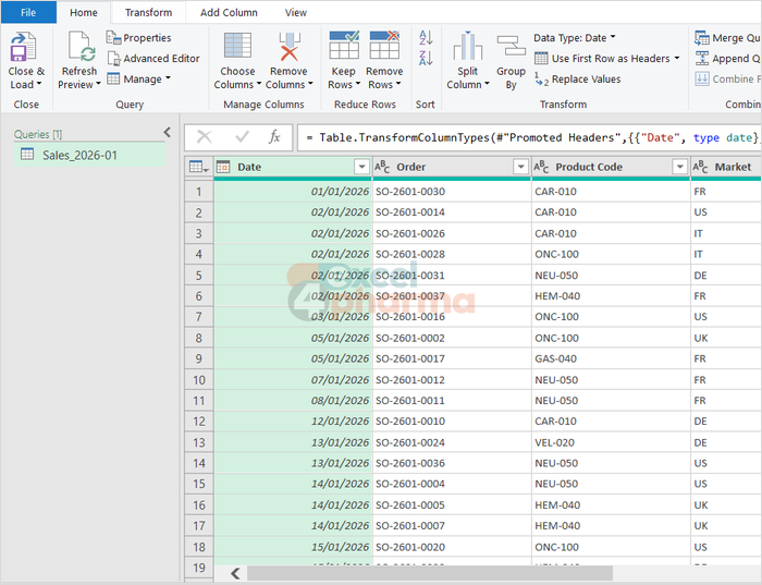 The Applied Steps of the January query, with the M code of the selected step in the formula bar.