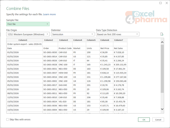 Combine Files reads the sample file once: origin, delimiter and type detection then apply to every monthly file.