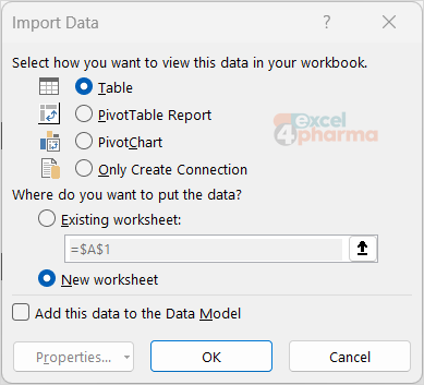 Table, PivotTable, PivotChart or connection only: choose where the result lands, and whether it joins the Data Model.