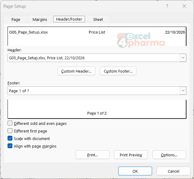 Page Layout view of the Price List: file name, sheet name and date in the header, Page x of y in the footer.