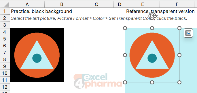 Same logo, two backgrounds: one click on the black removes it and lets the light blue page show through.