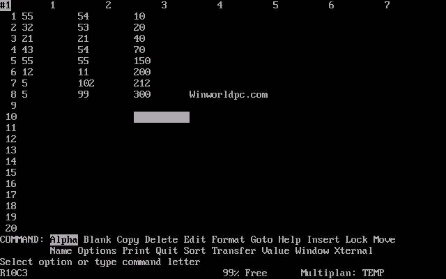 Multiplan, 1982: numbered rows and columns, R1C1 addresses and commands chosen from a line at the bottom of the screen. Screenshot: WinWorld, via Version Museum.
