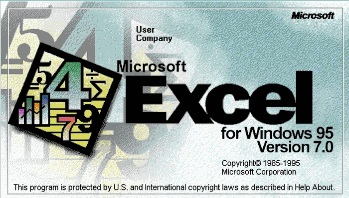 The splash screen of Excel for Windows 95, version 7.0: the number jumped from 5 to 7 to align Excel with Word. Screenshot: Version Museum.
