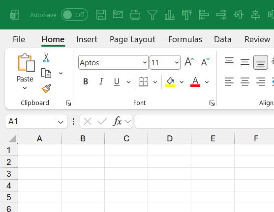 Excel in Microsoft 365: the Ribbon is still there, now with AutoSave and Aptos as the default font.
