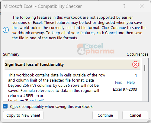 The Compatibility Checker warns that data beyond row 65,536 will not be saved. In an automated process, there may be nobody to read it.