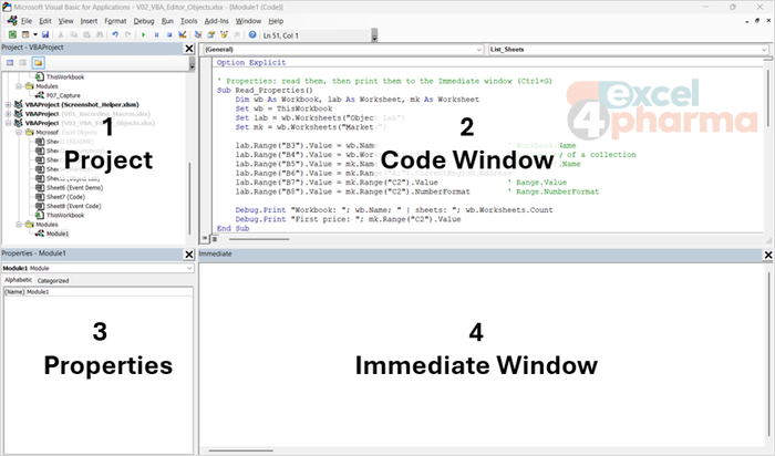 The VBA editor after importing the module: Project pane, Properties window, code of Read_Properties and the Immediate window with its two Debug.Print lines.