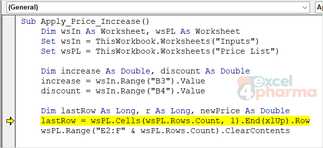 Apply_Price_Increase paused on the lastRow line: one statement finds the last row of this year's list.