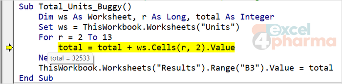 The line behind run-time error 6: total already holds 32,533, and adding July exceeds the Integer limit.