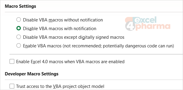 The Macro Settings page of the Trust Center with Disable VBA macros with notification selected.