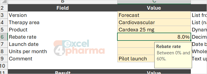 Select the rebate cell and the rule explains itself before anyone types a wrong value.
