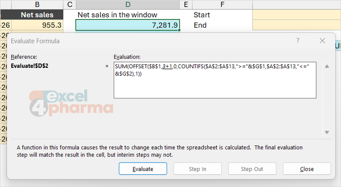 COUNTIF has already become 3; the underline shows what Excel will calculate next.